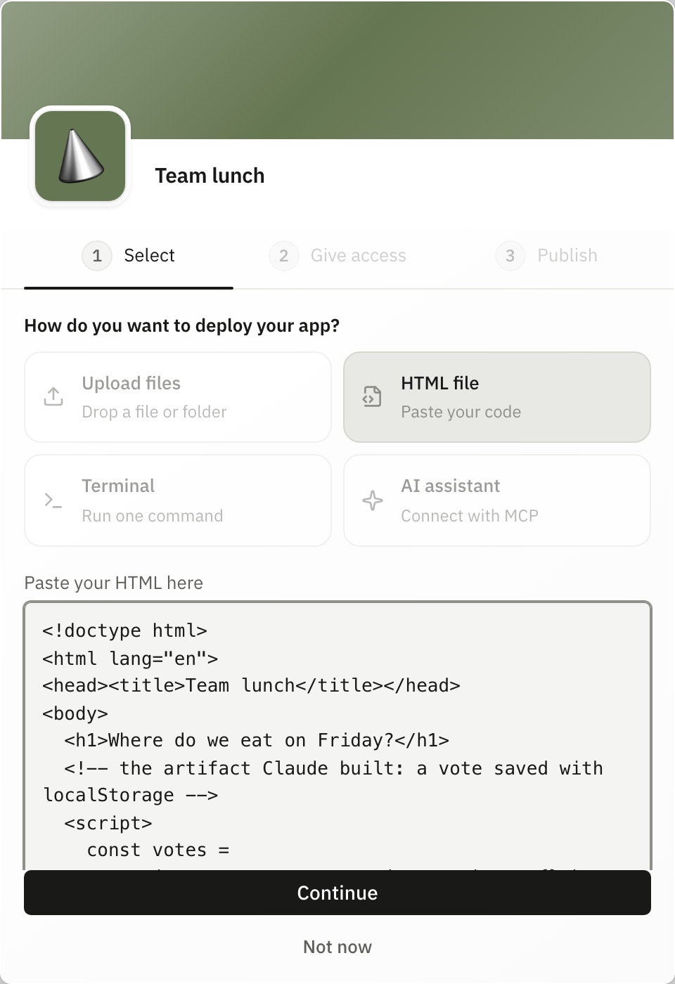 The Deploy your app dialog with HTML file selected and an artifact's HTML pasted in