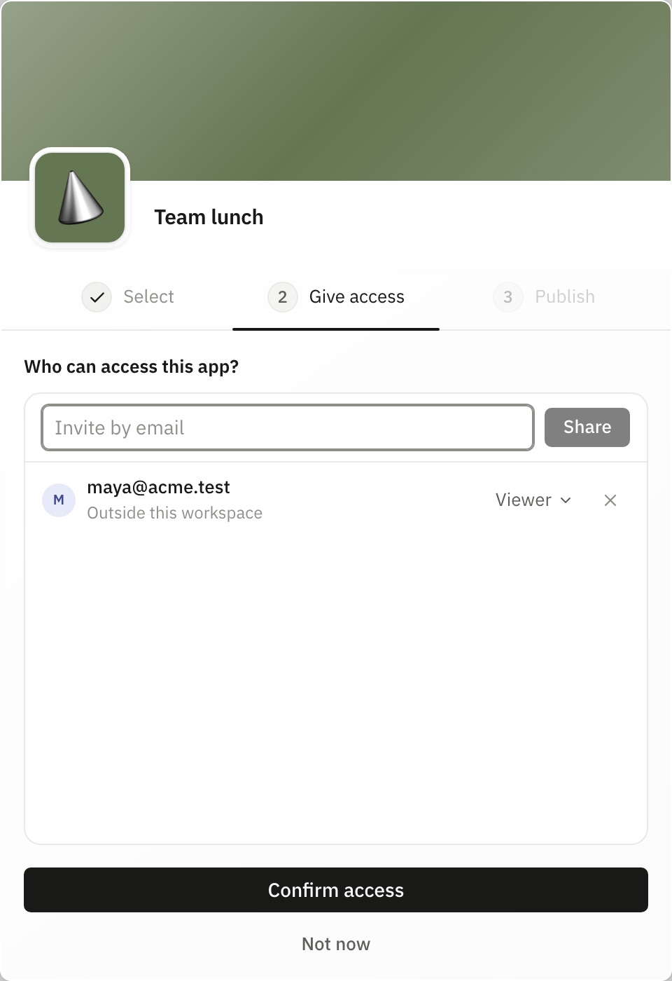 The Give access step with one person invited as a viewer