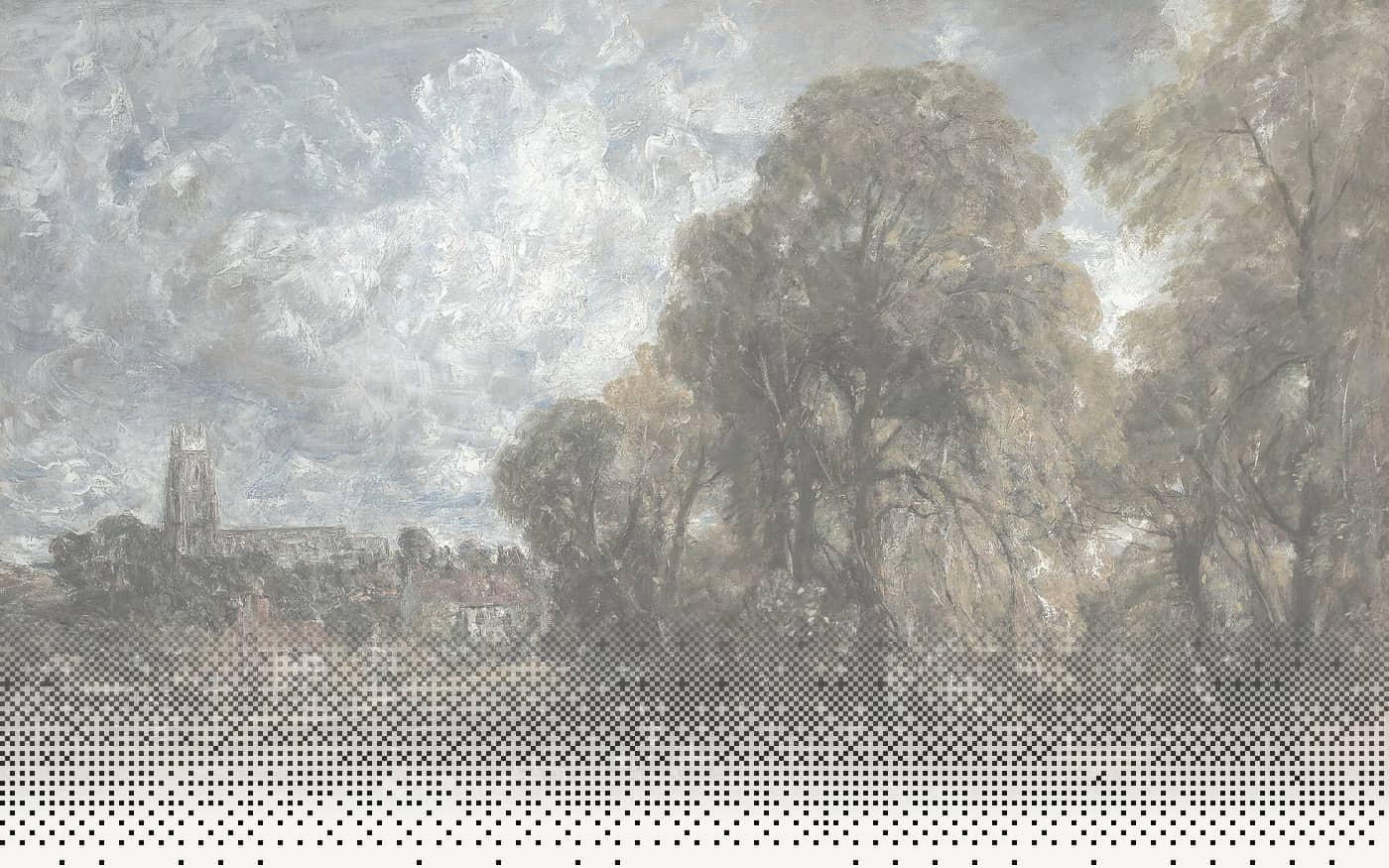 John Constable's Stoke-by-Nayland: towering clouds over the Suffolk countryside, the painting dissolving into a field of small dots along its lower edge.